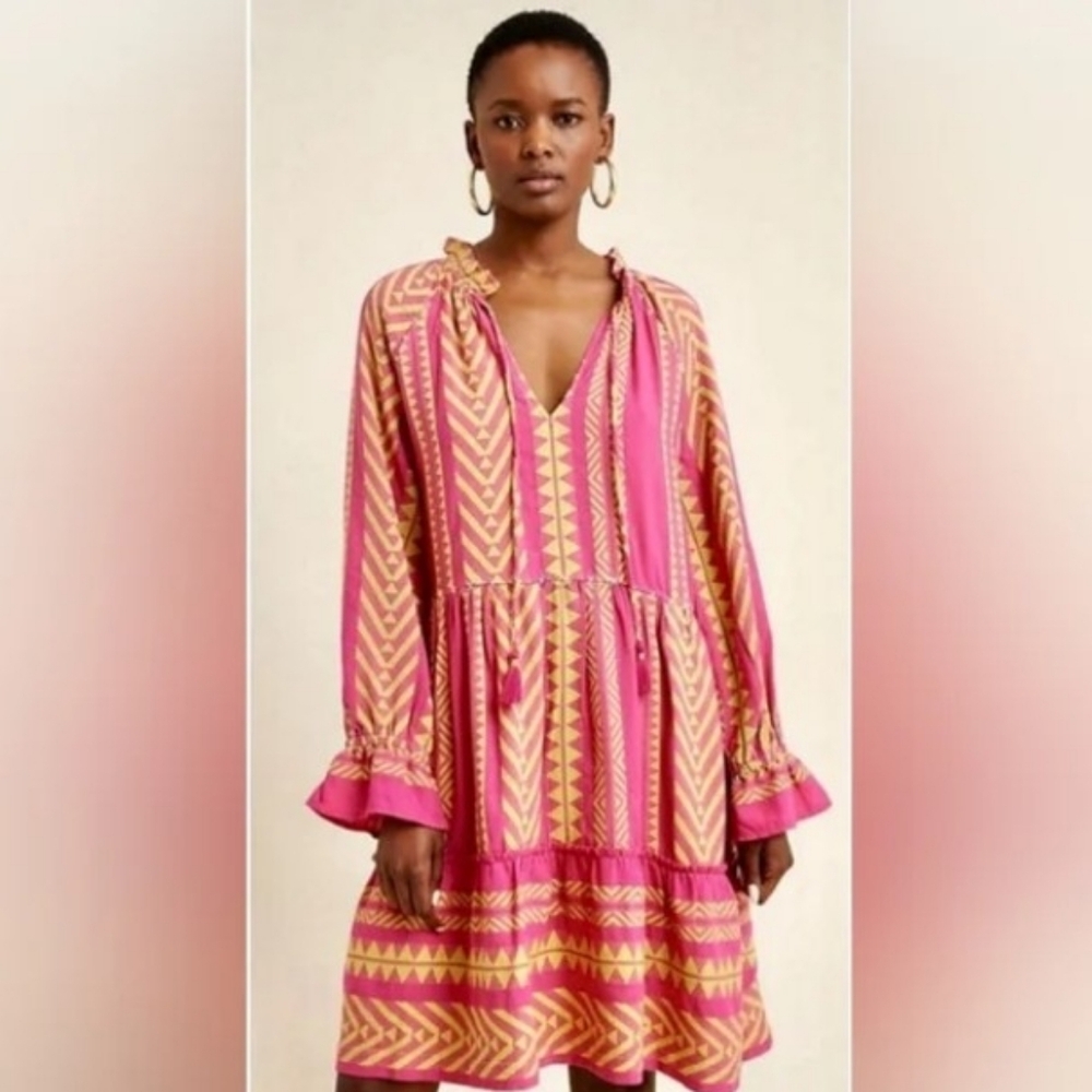 Anthropologie Maeve Pink and Yellow Dominique Embroidered Tunic Dress - Size M